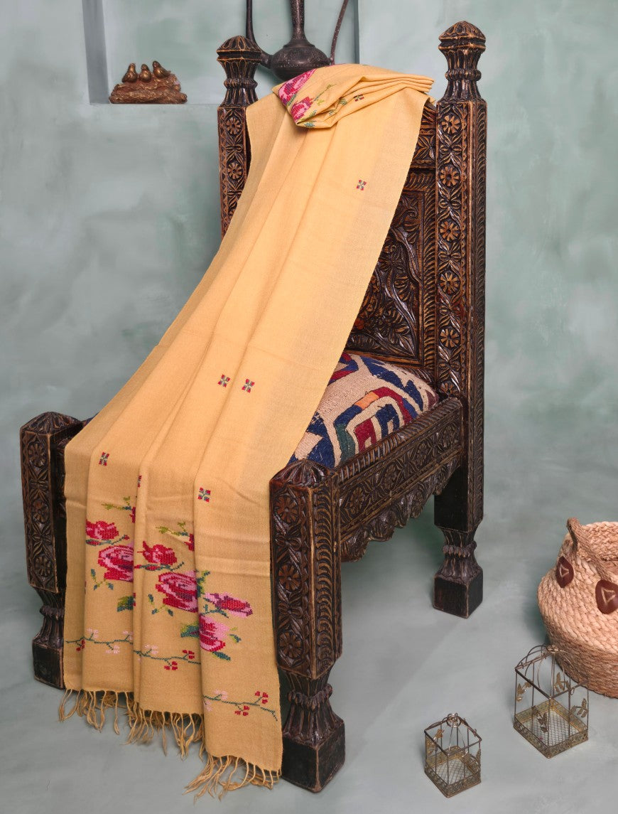 Pashmina Needle Work Shawl D#22 - Golden photo 1