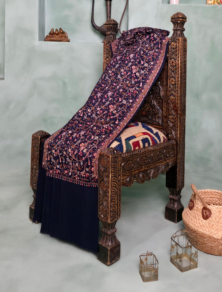 Pashmina Embroidered Jaaldar Shawl D#01 - Blue photo 1