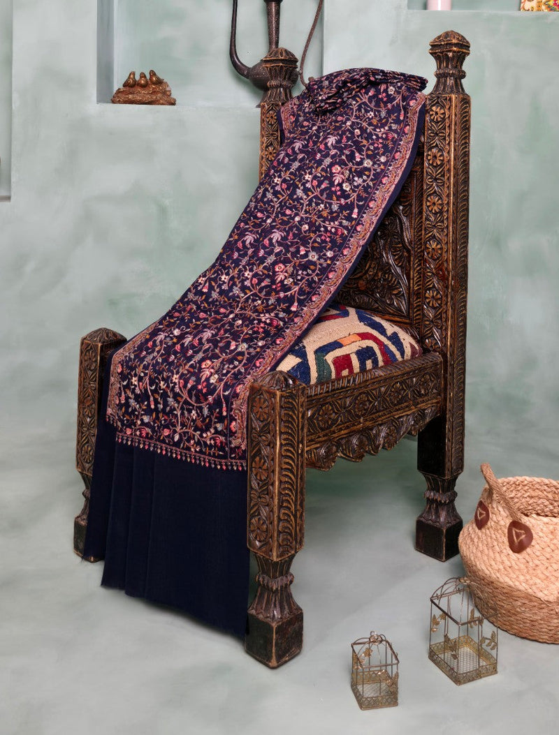 Pashmina Embroidered Jaaldar Shawl D#01 - Blue