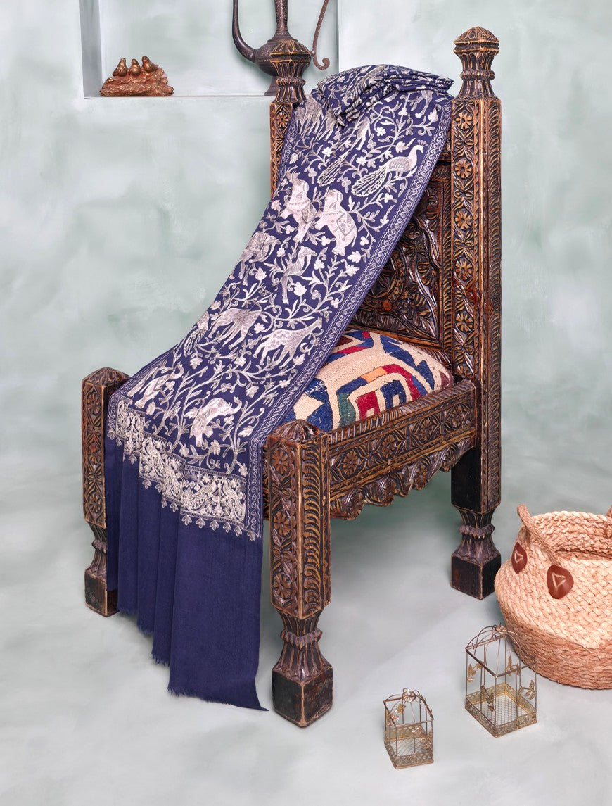 Pashmina Ari Work Jaaldar Shawl D#33 - N Blue photo 1