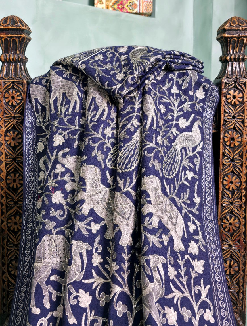 Pashmina Ari Work Jaaldar Shawl D#33 - N Blue photo 2