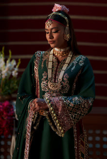 AJR Couture Noorin ASE-19 Meharma Silk Edit 2026 deep green embroidered raw silk unstitched suit, official photo 2