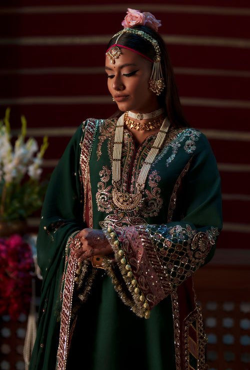 AJR Couture Noorin ASE-19 Meharma Silk Edit 2026 deep green embroidered raw silk unstitched suit, official photo 2