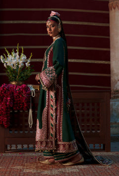 AJR Couture Noorin ASE-19 Meharma Silk Edit 2026 deep green embroidered raw silk unstitched suit, official photo 5