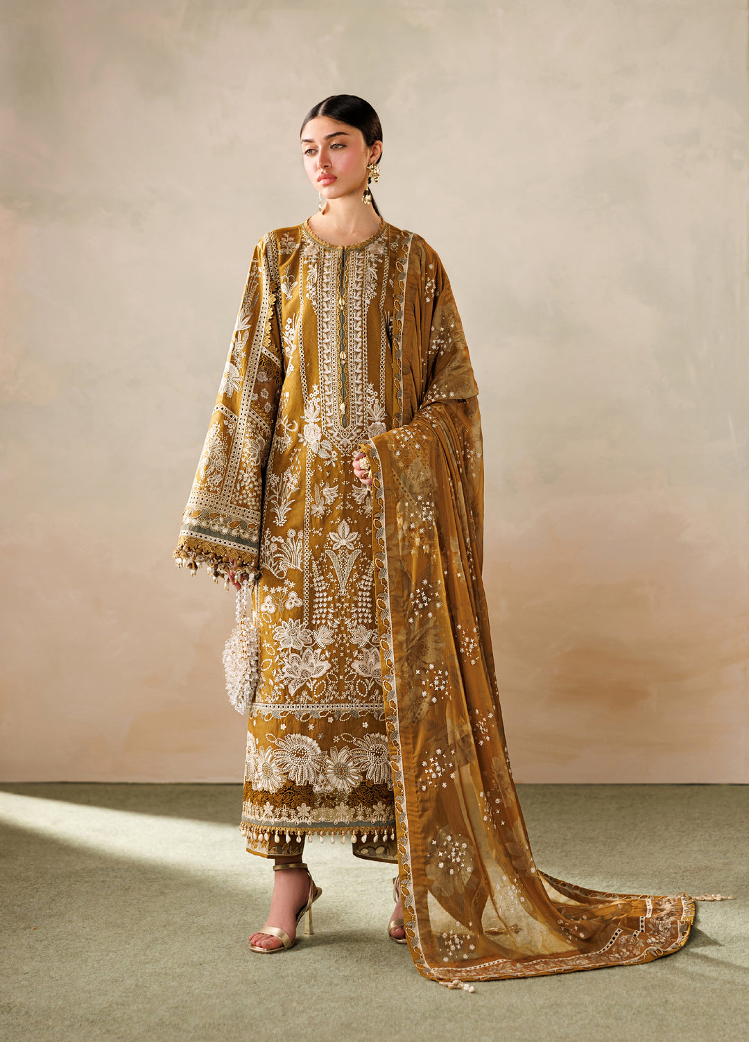 Baroque Eid Lawn EL26-D07 mustard embroidered front outfit look