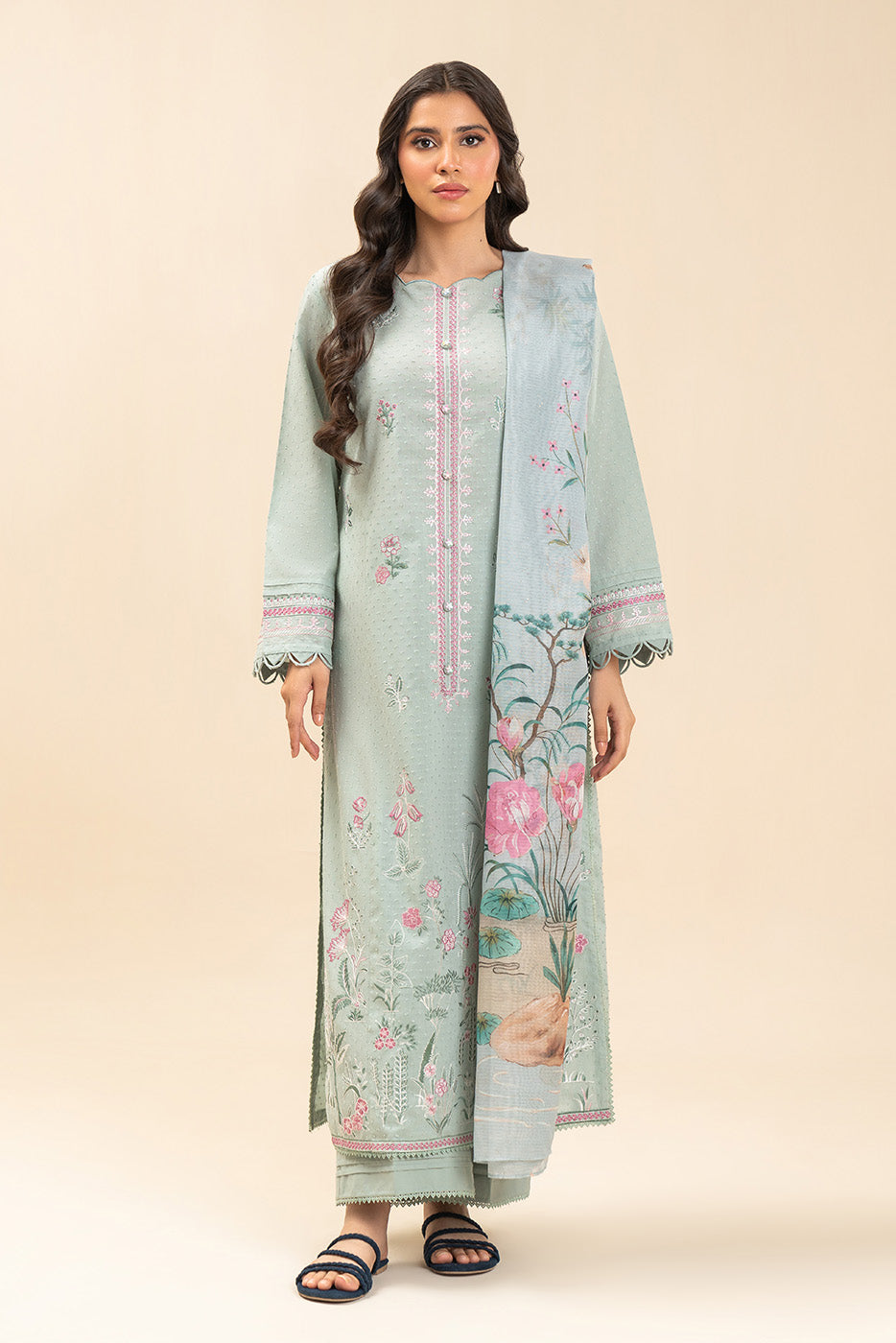 Beechtree Mint Grove embroidered self-jacquard unstitched suit - official view 2