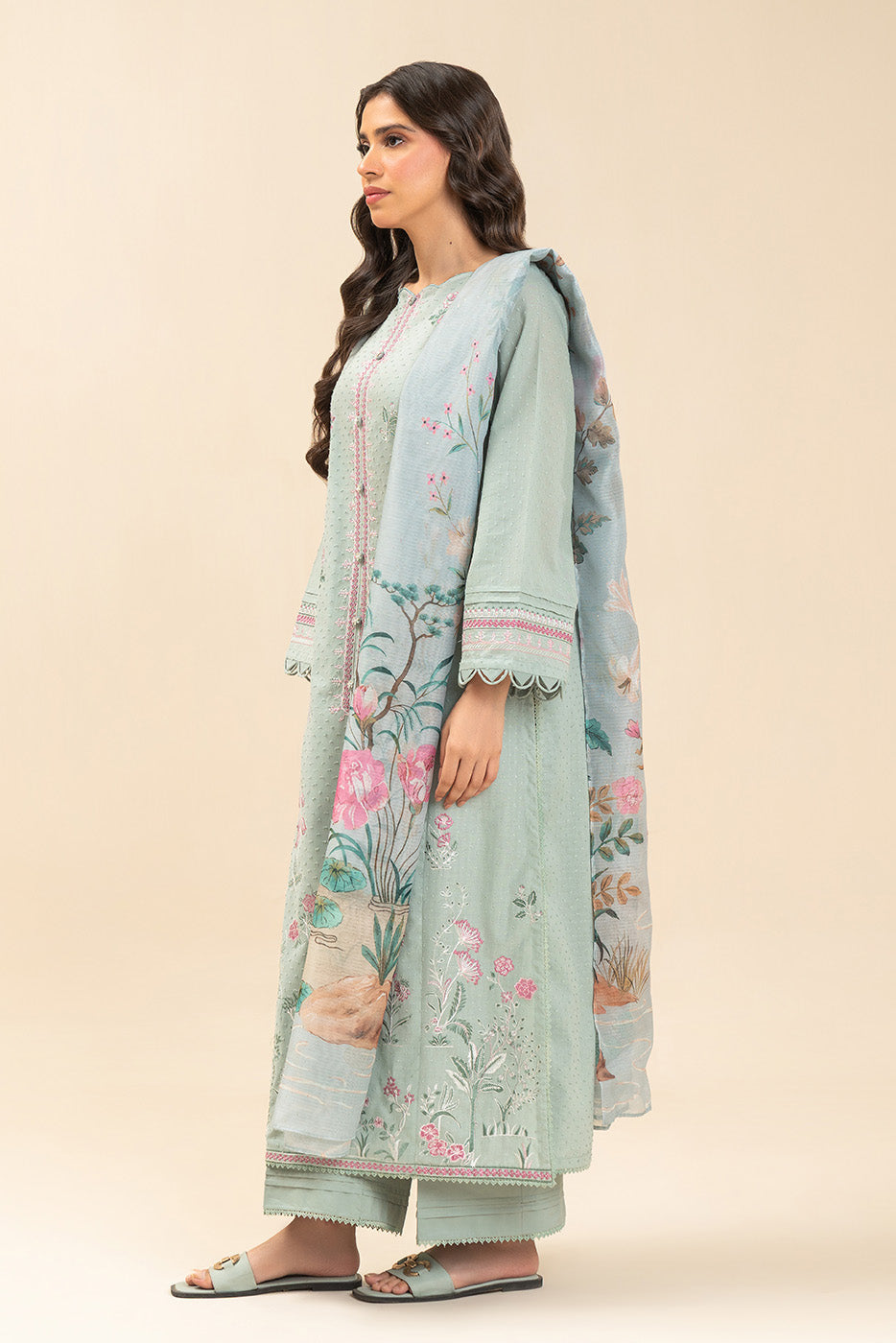 Beechtree Mint Grove embroidered self-jacquard unstitched suit - official view 3