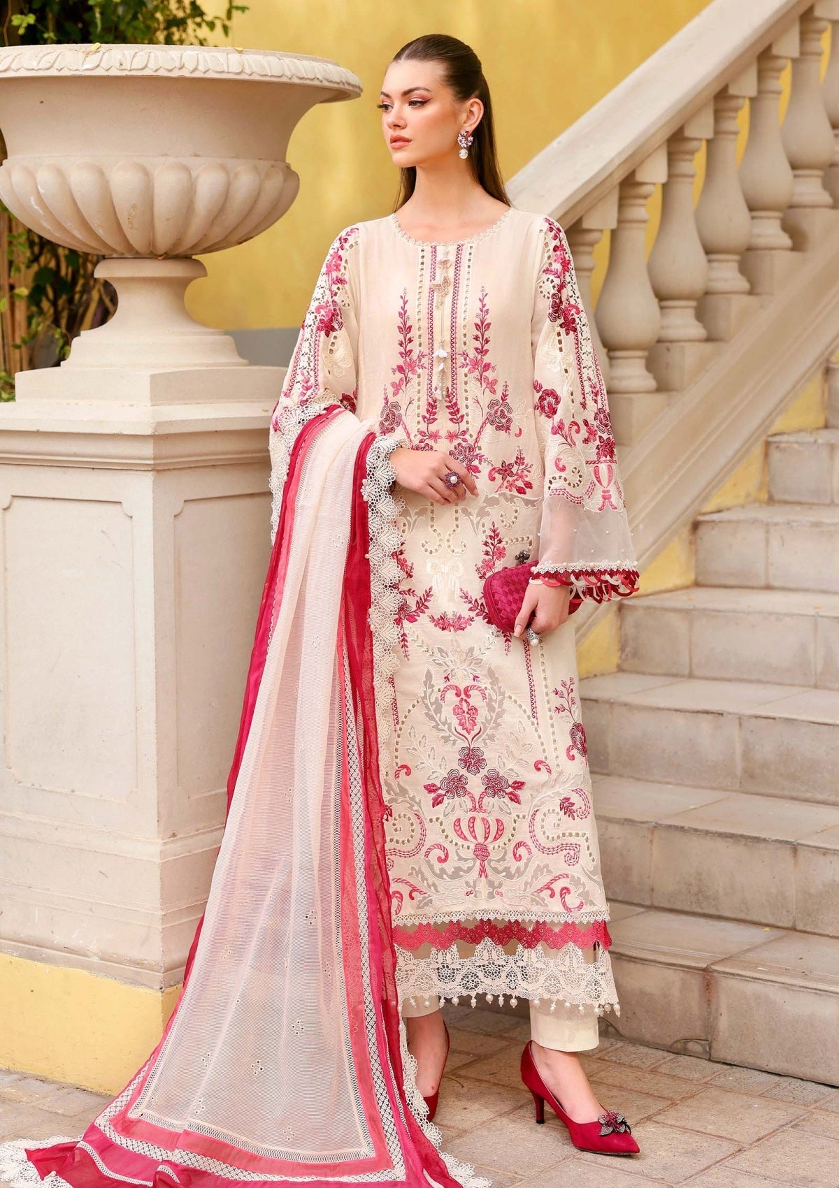 Maria.B. Luxury Lawn 2026 — MBLL 09A (Off White & Pink) three-piece embroidered lawn