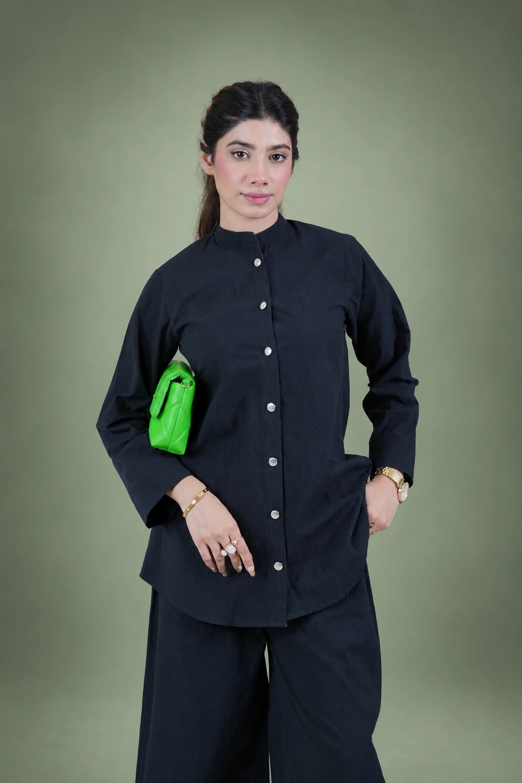 Sawann Lleana0009 black stand-collar shirt with matching trousers, gallery photo 1