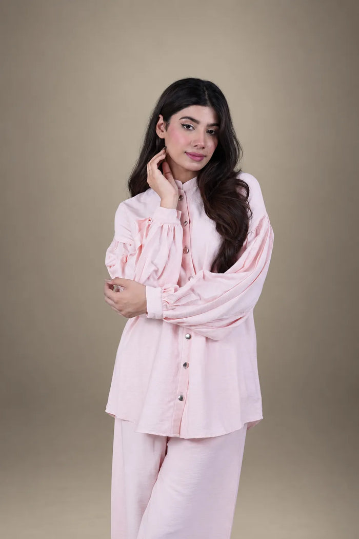 Sawann – Lleana0011 Pastel Pink Puff Sleeve 2-Piece Ready to Wear