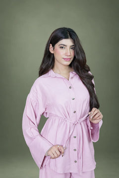 Sawann Lleana 0015 blush pink belted shirt and wide-leg trousers photo 1
