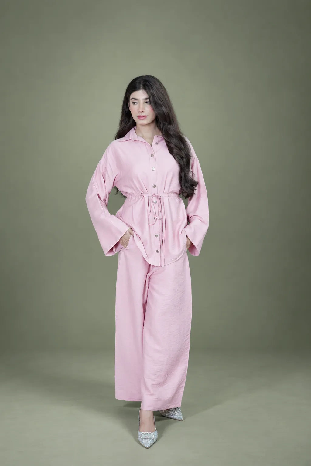Sawann Lleana 0015 blush pink belted shirt and wide-leg trousers photo 2
