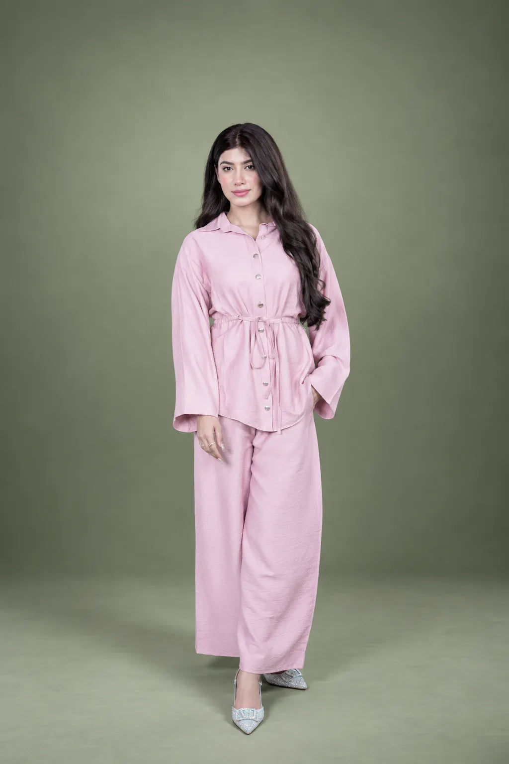 Sawann Lleana 0015 blush pink belted shirt and wide-leg trousers photo 3