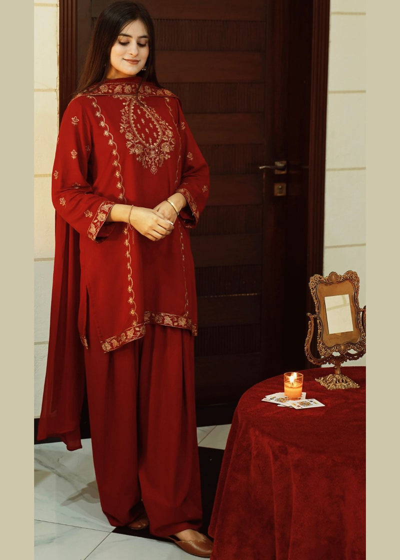 UHK – Stitched Red Embroidered 3-Piece Suit