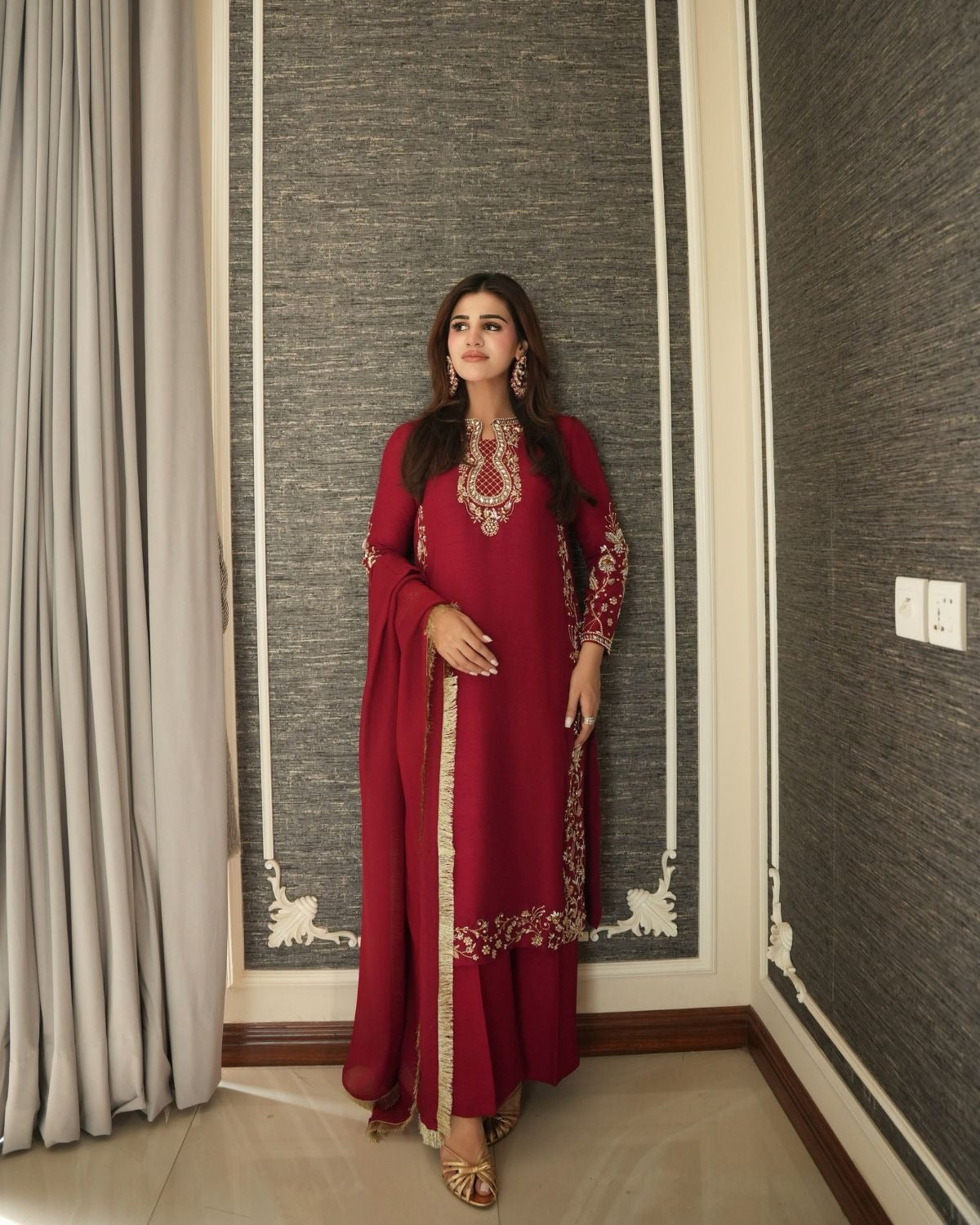 UHK – Shehnai Festive SAAZ – Deep Maroon 3-Piece front, complete model photograph