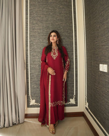 UHK – Shehnai Festive SAAZ – Deep Maroon 3-Piece front, complete model photograph