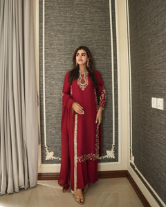 UHK – Shehnai Festive SAAZ – Deep Maroon 3-Piece front, complete model photograph