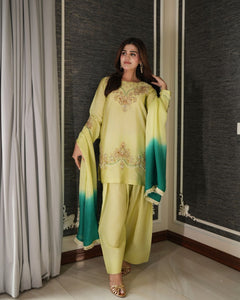 UHK – Shehnai Festive SUROOR – Lime 3-Piece front, complete model photograph