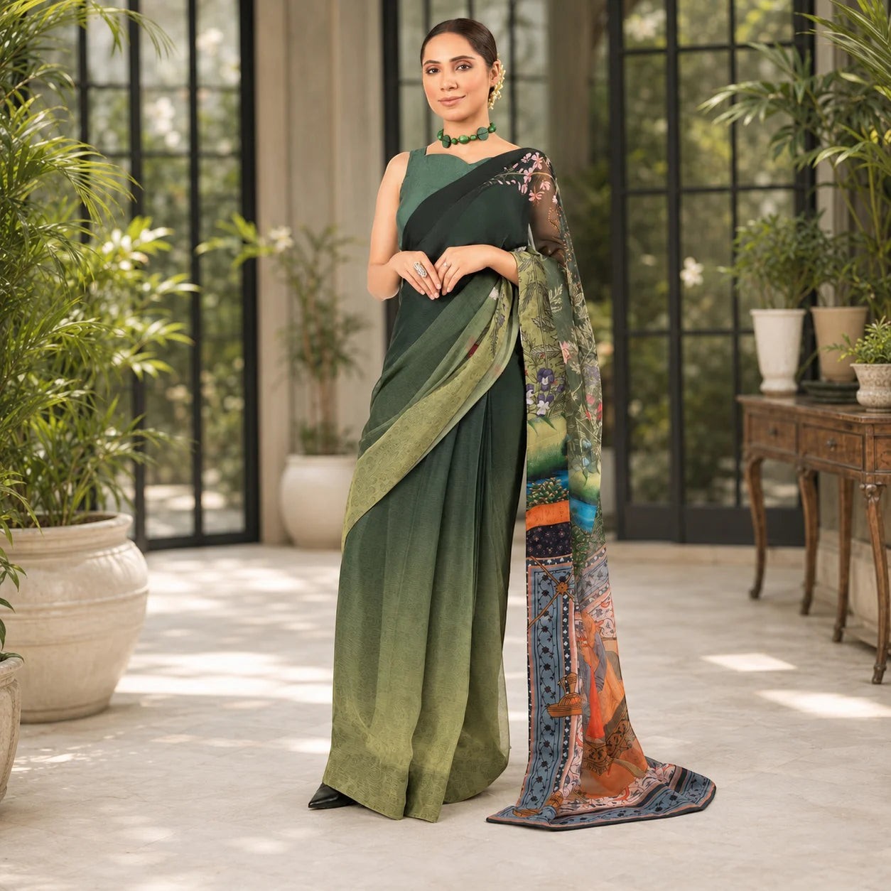 Zarfina digital printed chiffon saree with raw silk blouse in shades of green, worn by a model in a garden setting.