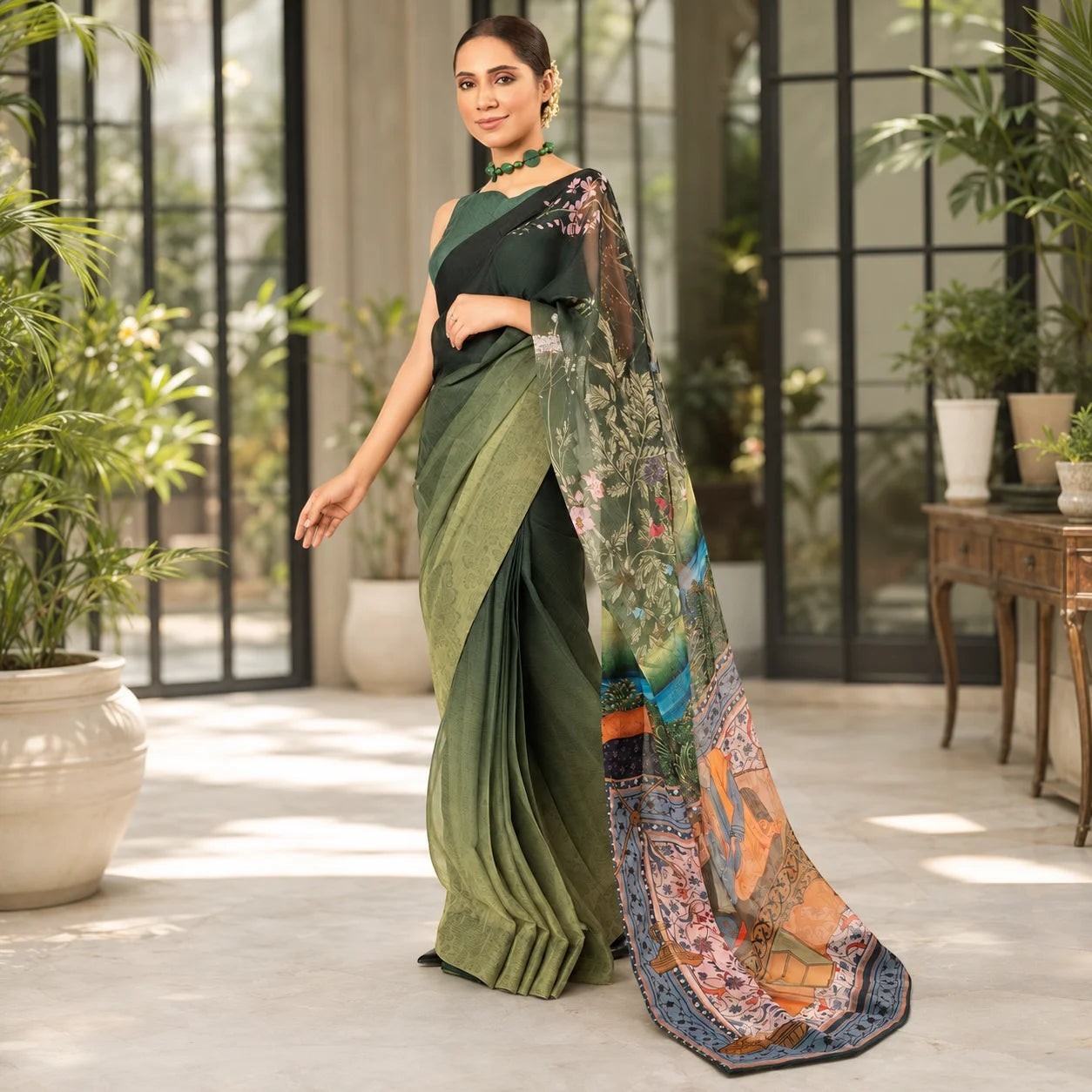 Zarfina digital printed chiffon saree with raw silk blouse in olive green, featuring intricate floral patterns.