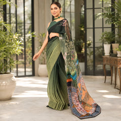 Zarfina digital printed chiffon saree with raw silk blouse in olive green, featuring intricate floral patterns.