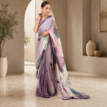 Zarfina digital printed chiffon saree in shades of purple with floral motifs and a raw silk blouse
