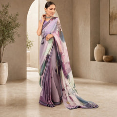 Zarfina digital printed chiffon saree in shades of purple with floral motifs and a raw silk blouse