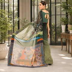 Zarfina digital printed chiffon saree with raw silk blouse featuring intricate traditional art in green tones.