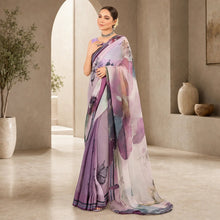 Zarfina digital printed chiffon saree in shades of purple with floral and butterfly motifs worn by a model