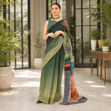 Zarfina digital printed chiffon saree with raw silk blouse in an elegant green gradient for formal occasions.