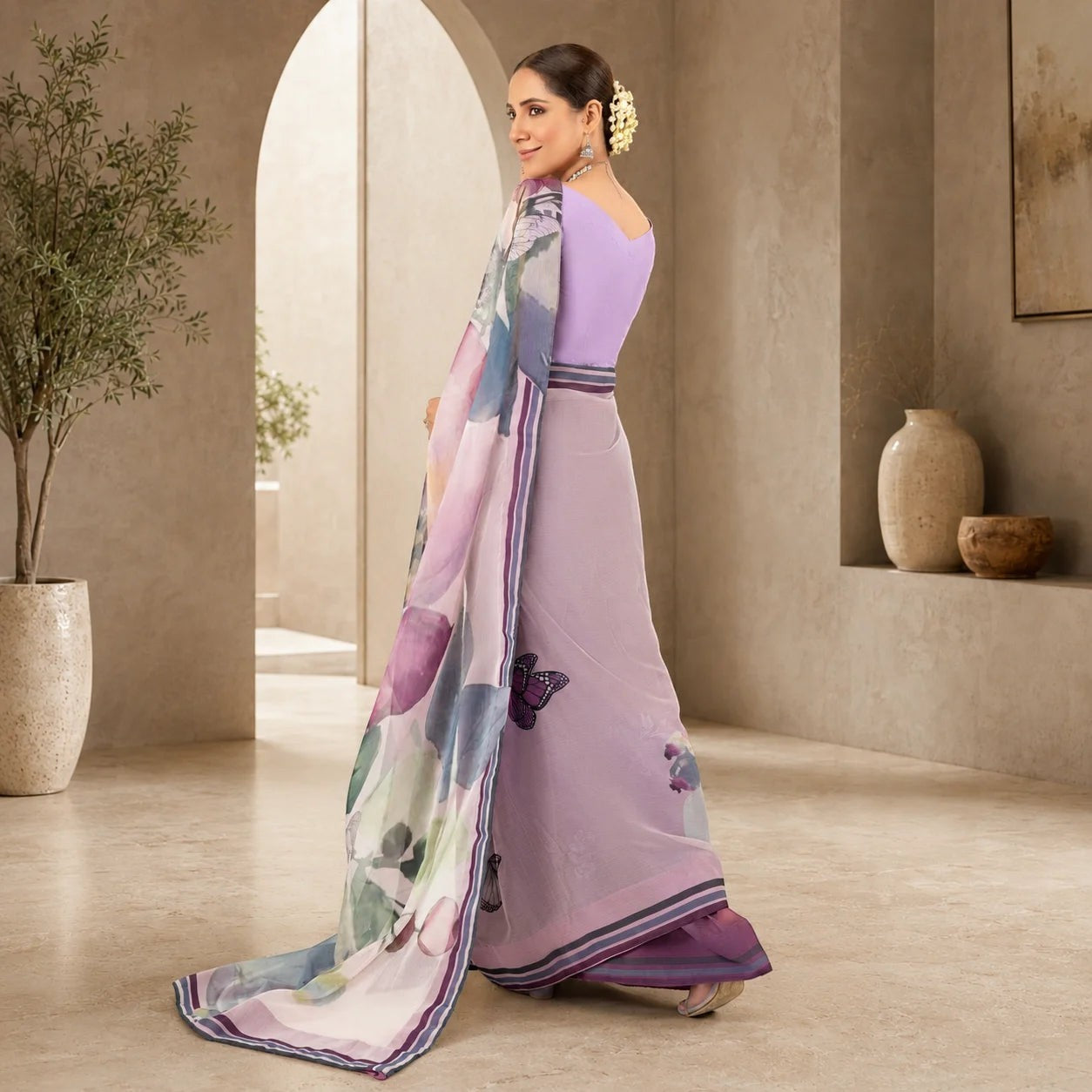 Zarfina digital printed chiffon saree with raw silk blouse in lavender, featuring floral motifs and elegant drape.