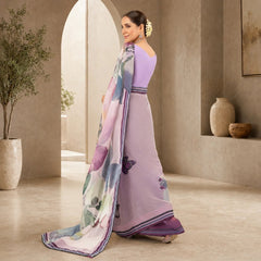 Zarfina digital printed chiffon saree with raw silk blouse in lavender, featuring floral motifs and elegant drape.