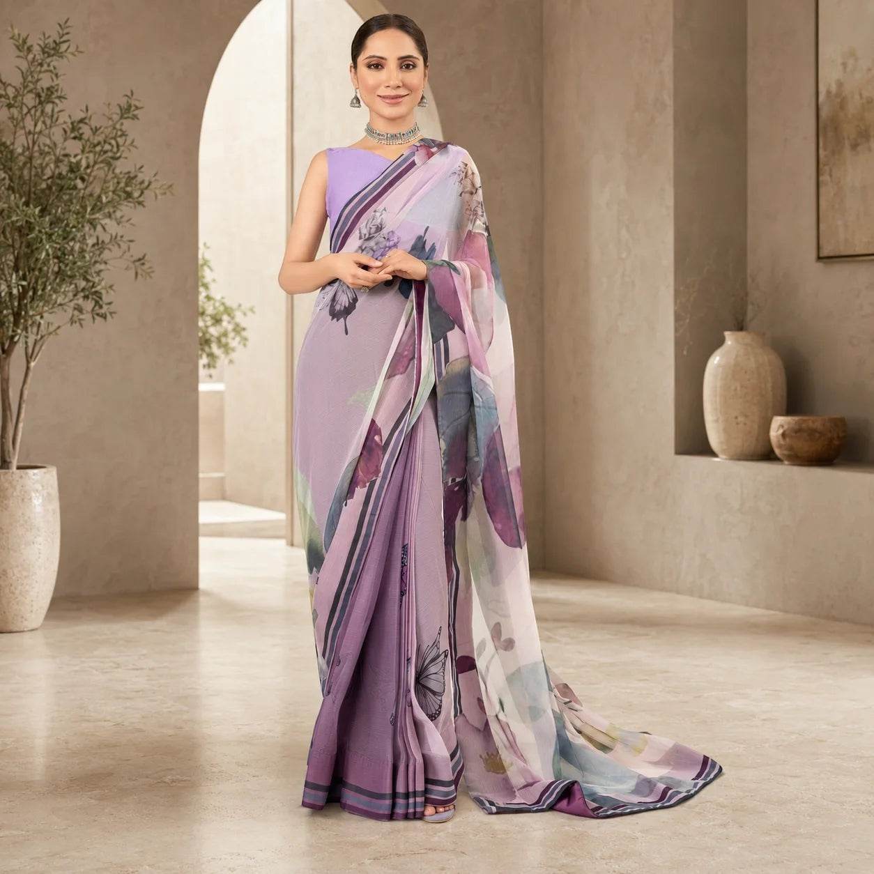 Zarfina digital printed chiffon saree set in shades of lavender and purple with a matching raw silk blouse