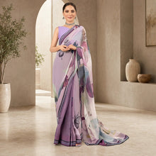 Zarfina digital printed chiffon saree set in shades of lavender and purple with a matching raw silk blouse