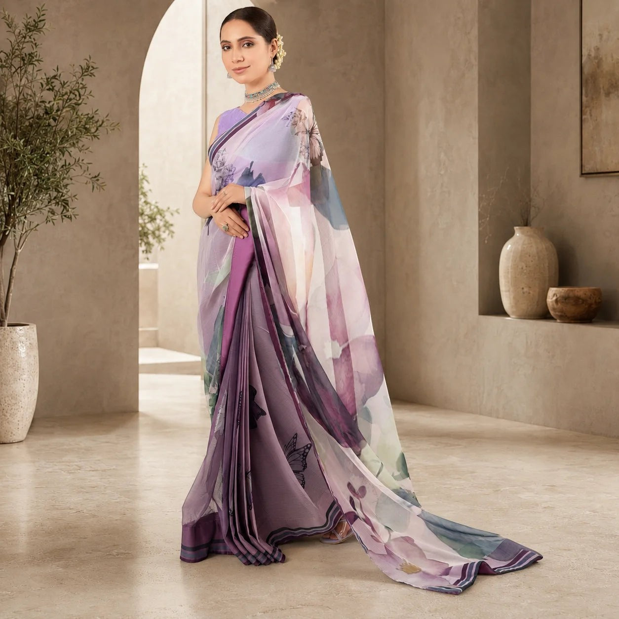 Zarfina digital printed chiffon saree in shades of purple with floral motifs and a matching raw silk blouse.