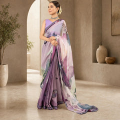 Zarfina digital printed chiffon saree in shades of purple with a matching raw silk blouse worn by a model